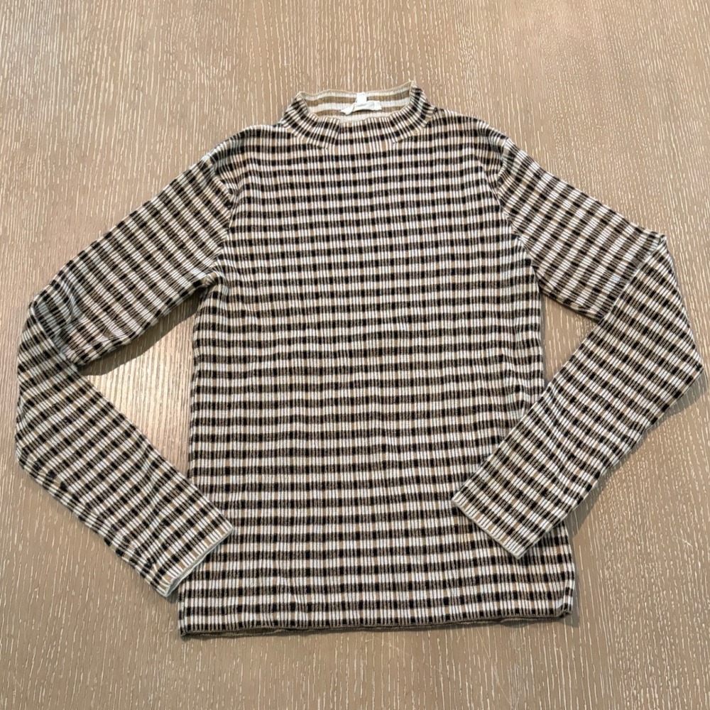 Mystree Women's Small Ribbed Plaid Mock Neck Long Sleeve Top Brown Black White